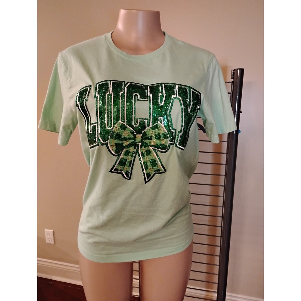 Gildan‎ Softstyle Lucky Glitter Bow St Patricks Day Mint Green T-Shirt Small